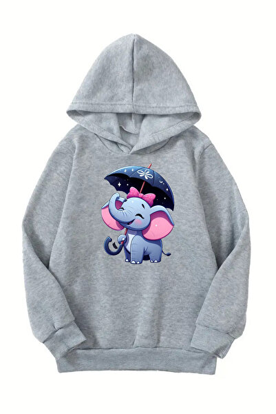 Sweetline Унисекс сив детски суитшърт с качулка - щампа на слон, релефен дебе...