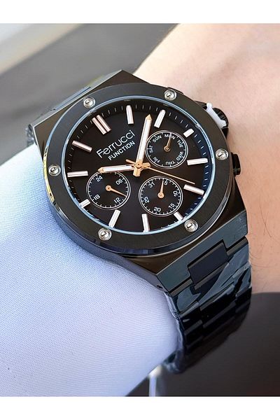 Ferrucci Function Men's Wrist Watch Black Dial Black Metal Band Functional Design with Calendar