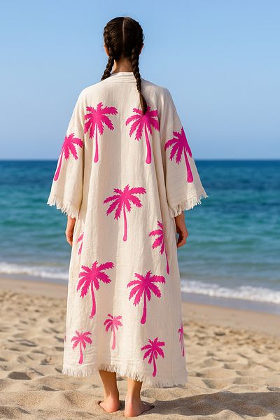 LaraLisa 4 Layers Natural Muslin Cotton Fabric Chemical Treatment Unprocessed Hand Printed Kaftan Kimono Peshtemal Bathrobe