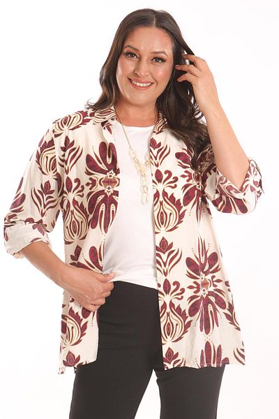 Metpoint Trend42Plus Large Size Ethnic Patterned Burgundy Shirt Blouse Double Suit