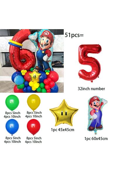 Miniso as picture style-5 Super Mario Balloon Set Red Number 32inch Boy Birthday Party Decor Supplies Baby
