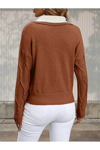 hanope Πλεκτό γυναικείο πουλόβερ με κολάρο πόλο με σχέδιο κανέλα