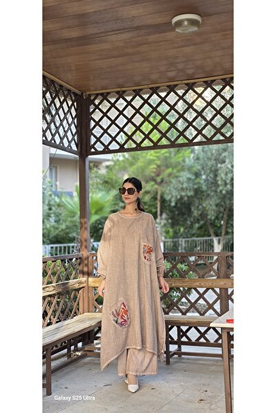 Henna Elisa bahar uzun keten salaş tunik haki yeşil