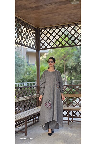 Henna Elisa bahar uzun keten salaş tunik haki yeşil