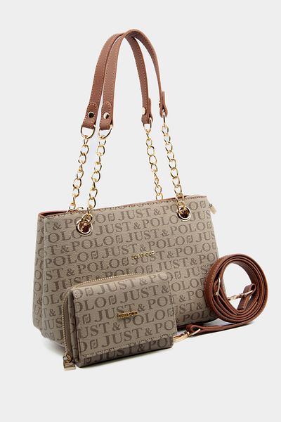 Just Polo 4 Compartment Medium Size Mink Tan Women's Shoulder and Hand Bag with Chain Strap – Wallet Gift