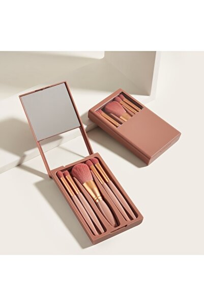 Briggs Set 5 pensule de machiaj cu peri moi, suport de depozitare și oglindă, roz închis