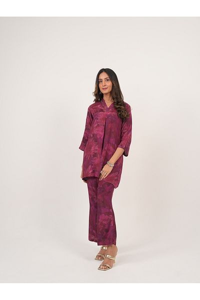 Lehar Crimson Bloom Co-Ord Set – Wine Maroon Floral Kurta & Pants
