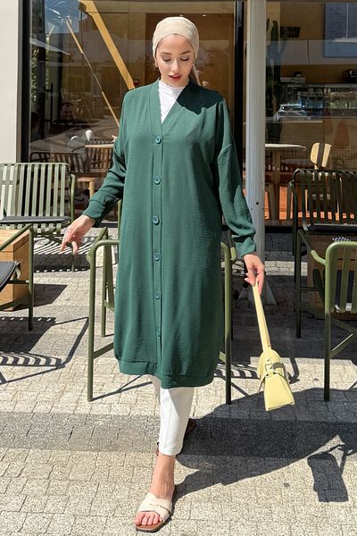 Tesettür Diyarı Women's Summer Aerobin Fabric Buttoned Tunic Cap Emerald Green- Standard Size (38-44 Compatible)