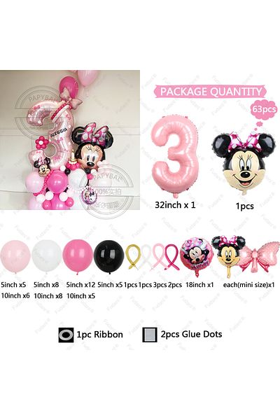 Miniso 32inch NO.3 63Pcs Disney Minnie Themed Balloons 32inch Pink Number 1-9 Foil Balloon for Girl Birthda