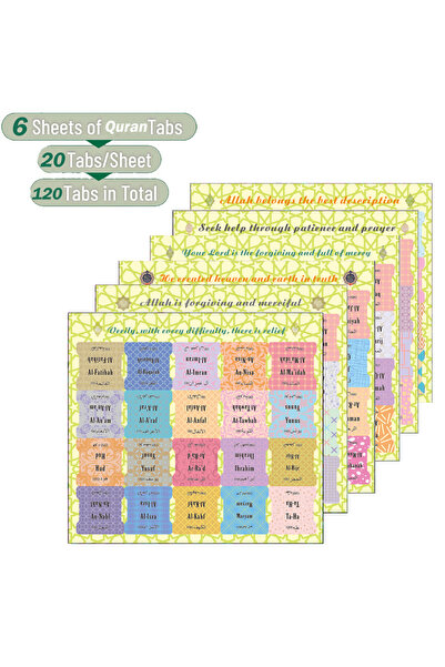 Choice 6 sheets-Quran Tabs 120 Self-Adhesive Holy Book Tabs in English & Arabic -Tear-Resistant Surah Organ