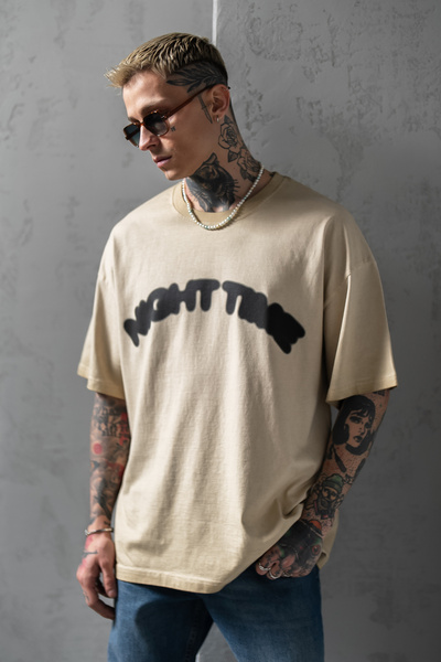 Denim Republic Men's Cream Oversize T-Shirt Loose Cut Printed
