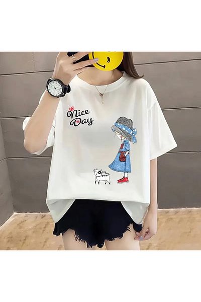 aynewmoda Women's Round Neck Short-Sleeved Cotton T-Shirt with Bear Pattern and Graphics, Suitable for Daily Wear