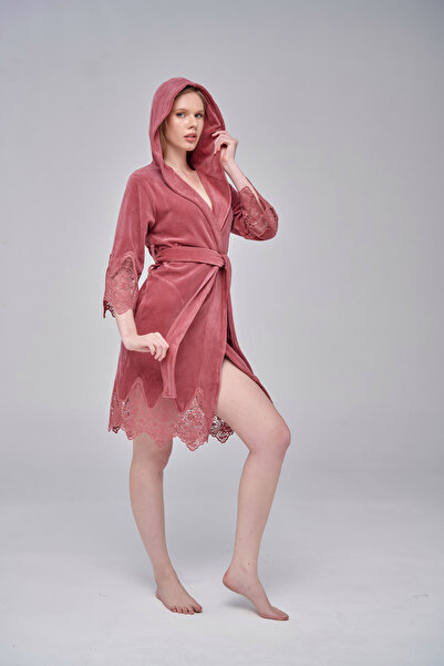 Nuşa Elegant Stylish Lace Niki Velvet Bamboo Cotton Dressing Gown