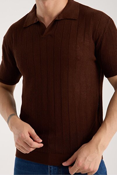 Afri Tricou pentru bărbați, cu guler polo, cu linie verticală, texturat, maro...