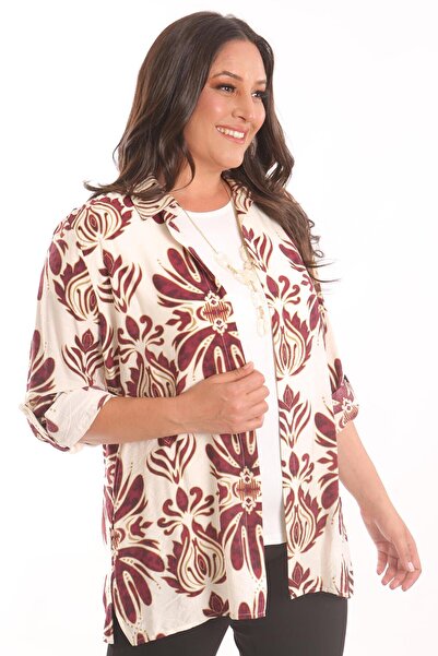 Metpoint Trend42Plus Large Size Ethnic Patterned Burgundy Shirt Blouse Double Suit
