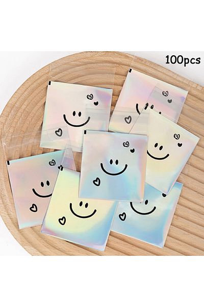 Choice 7x7cm 100pcs Candy Bags 100pcs Cute Smiling Face Cookie Packaging Bag Laser Transparent Biscuit Bag