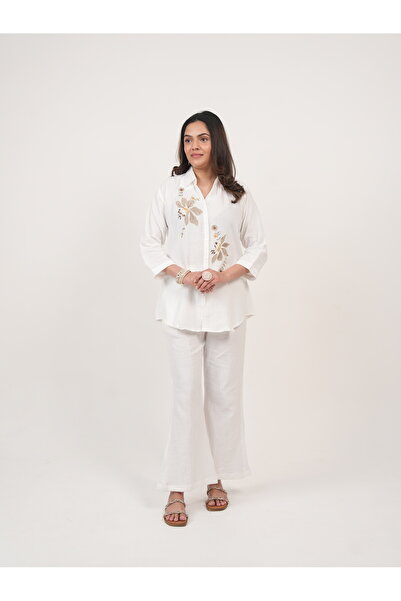 Lehar Ivory Grace Embroidered Co-Ord Set – White Cotton Kurta & Flared Pants