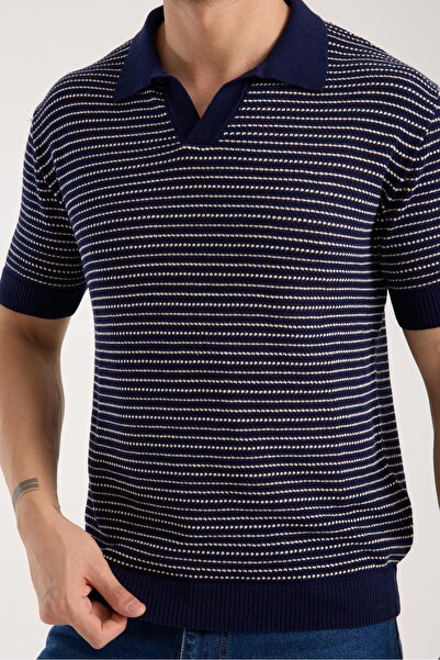 Afri Ανδρικό πλεκτό μπλουζάκι με κοντό μανίκι με λαιμόκοψη πόλο με υφή πλεκτο...