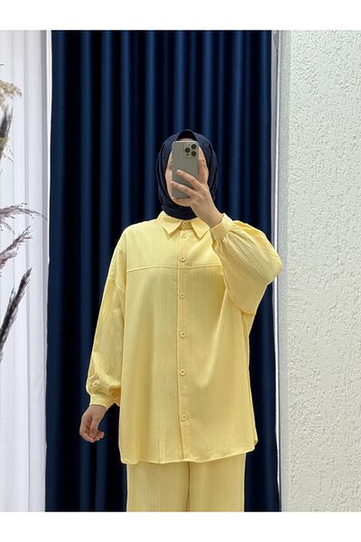 MİHRA STORE Behin Shirt Front Lined with Biel Dubai Pants Suit-Ek-Z-480 Yellow