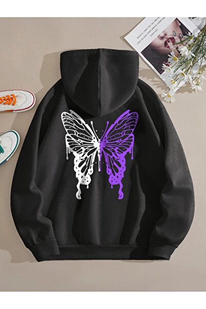 StartMore هودي نسائي أسود كبير الحجم مطبوع على شكل فراشة