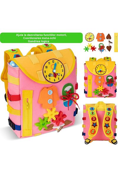Flippy Rucsac Montessori, Flippy, Fidget Pop, Catarame, Fermoare, Jucării Senzoriale, Roz
