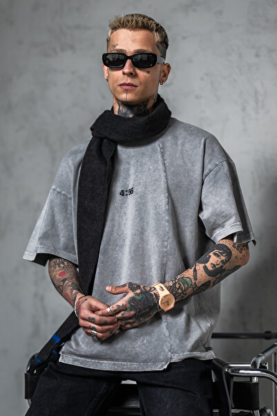 Denim Republic تي شيرت رجالي رمادي كبير الحجم وفضفاض