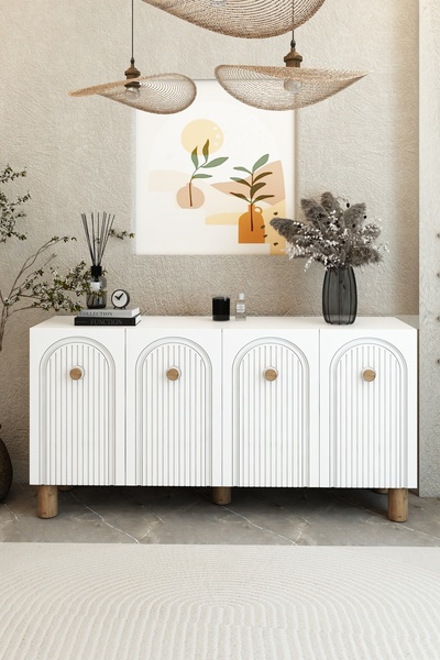 izcodesign Bohem 4 Kapaklı Beyaz Konsol – MDF Kapaklı Modern Salon Dolabı | Ç...