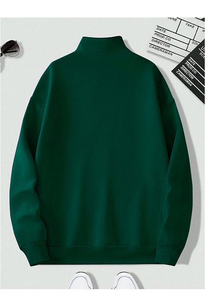 StartMore Khaki Unisex Men/Women Solid Color Stand Collar Half Zipper Cotton Oversize