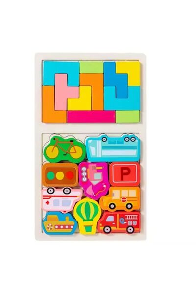 CLICK Puzzle Montessori din Lemn pentru Copii, Tetris 2in1, +3 Ani, cu Masini Colorate 3D, Educativ,