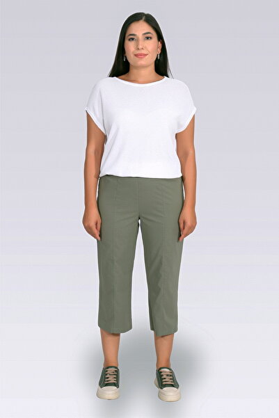 TOLGA SARAÇOĞLU 30267 Khaki Thin Fabric Comfortable Cut Capri with Elastic Waist