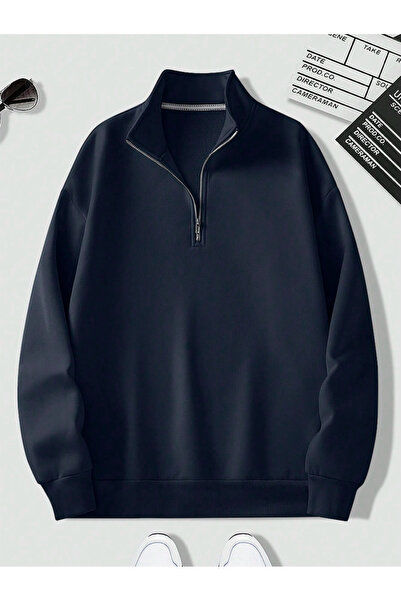 StartMore أزرق داكن للجنسين للرجال/النساء، لون موحد، ياقة واقفة، سحاب نصف سحا...