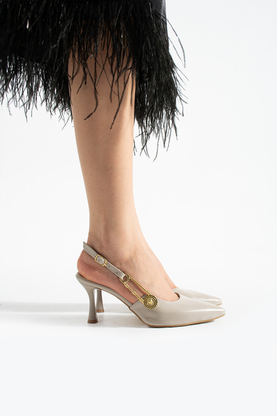 Pretty Girl Beige Patent Leather Pointed Toe Button Buckle Thin Heel Shoes Stiletto (Heel Height 8cm)