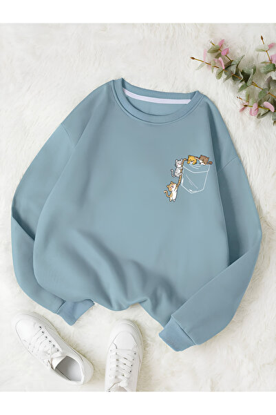 StartMore Blue Women's Colorful Cat Special Chest Printed Oversize Crew Neck