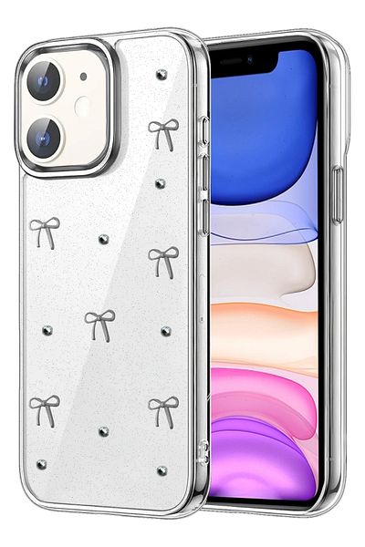m.tk moveteck حافظة متوافقة مع هاتف Apple iPhone 11، غطاء لامع بتصميم فيونكة شفاف من الإيبوكسي الفضي اللامع وكاميرا بارزة