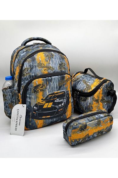Bevitton Set de 3 bucăți cu model de mașină galbenă pentru băiat, geantă de școală primară