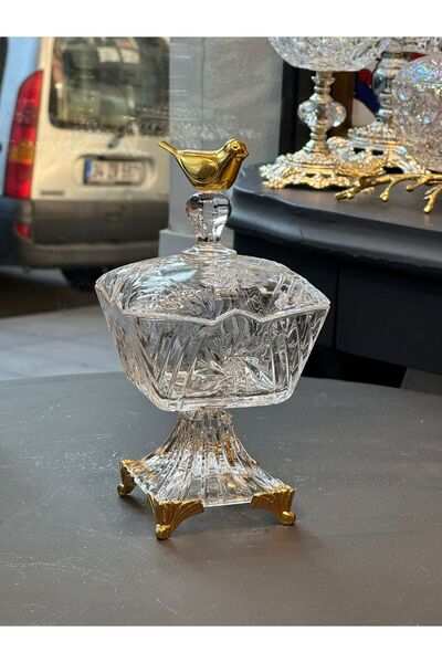 Diamond Porselen Altın Kuş Figürlü El Yapımı Kristal Şekerlik – Kapaklı Ayakl...