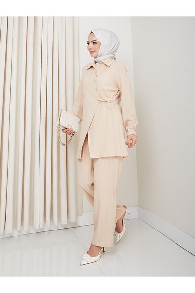 Hb Harma Time Butik Women's Belted Buttoned Strawberry Fabric Beige Double Suit