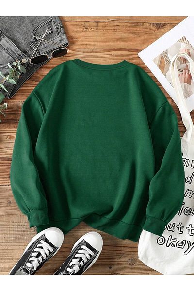 StartMore Green Women's Green Cat Custom Chest Printed Oversize Crew Neck