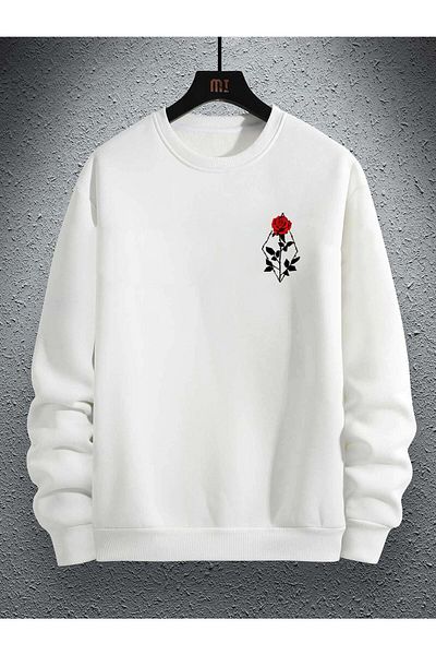 StartMore White Unisex Dream Rose Special Chest Printed Oversize Crew Neck