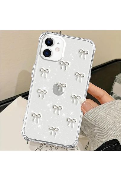 m.tk moveteck حافظة متوافقة مع هاتف Apple iPhone 12، غطاء لامع بتصميم فيونكة شفاف من الإيبوكسي الفضي للكاميرا