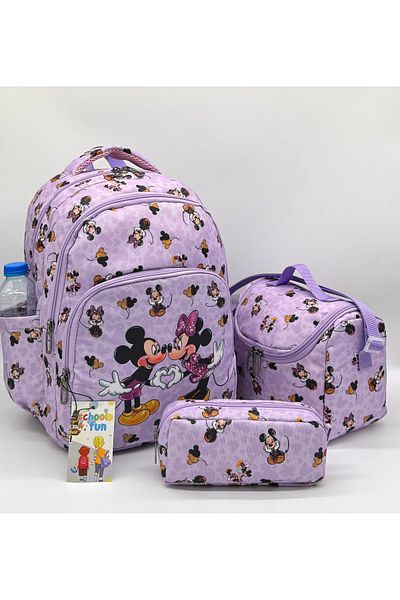 ÇantaExpress Geantă de școală primară cu model de caractere liliac Set de 3 geanți pentru școală primară pentru fete