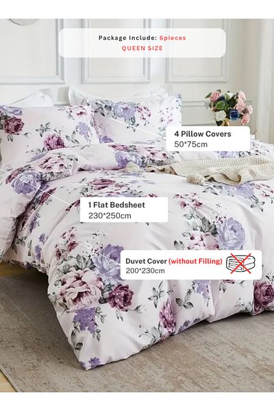 LUNA HOME Single size 4 piece bedding set, white bed linen with purple floral pattern 160x210cm.