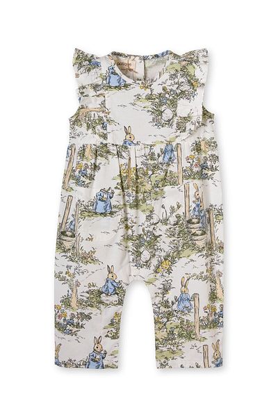 Uludağ Triko Cream Rabbit Patterned Cotton Girl's Jumpsuit with Snap Pocket