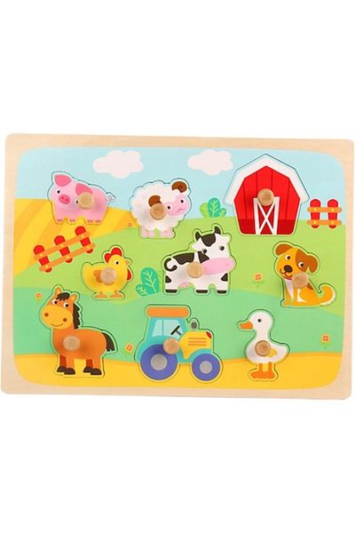 CLICK Puzzle Montessori din Lemn pentru Copii, 3D, 0-3 Ani, Model Ferma, Educativ, Intuitiv, Creativ, 9 Pi