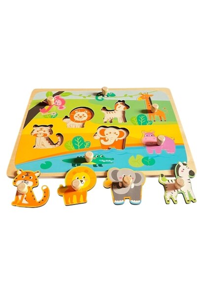 CLICK Puzzle Montessori din Lemn pentru Copii, 0-3 Ani, Model Animale din Jungla, Educativ, Intuitiv, Crea