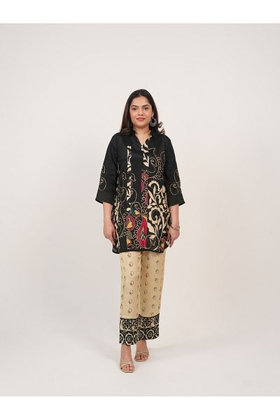Lehar Black & Beige Printed Co-Ord Set – Traditional Motif Kurta & Pant Ensemble