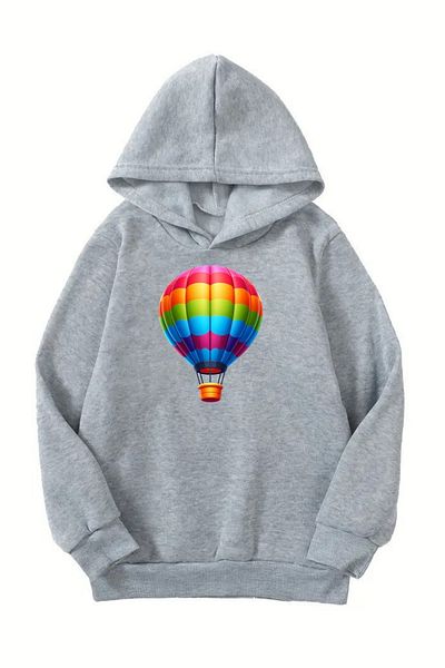 Sweetline Hanorac unisex gri pentru copii cu glugă – țesătură groasă imprimată cu balon zburător