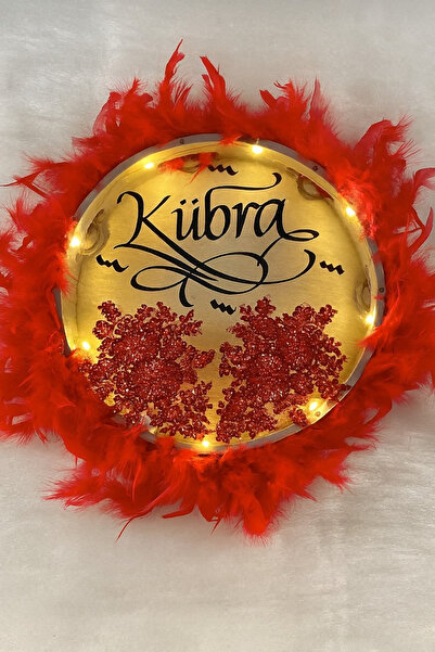 Evsay Kişiye Özel Ledli Şeffaf İsimli Gelin Tefi Vip Güpürlü Ve Tüylü Düğün Kına Nedime Bride Parti Defi