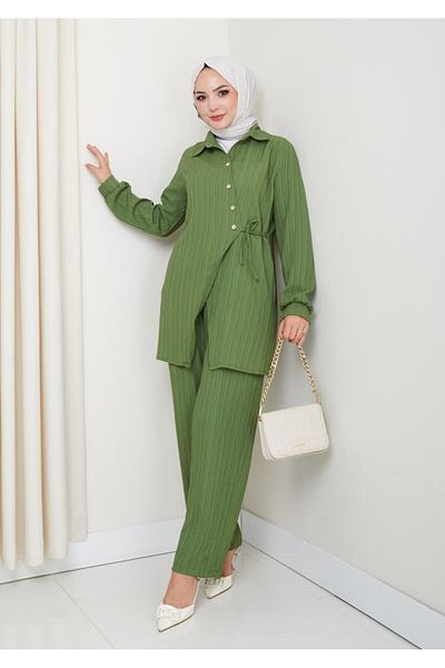Hb Harma Time Butik Women's Belted Buttoned Strawberry Fabric Green Double Suit