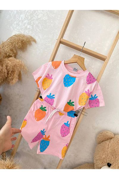 Uslukids Girl's Strawberry Printed Double Shorts Set